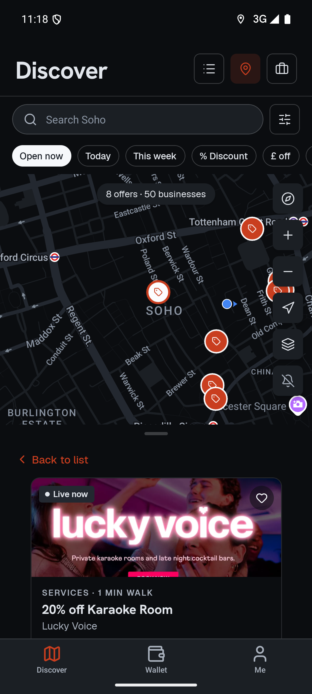 We Love Soho app: Discover map with offer pins across Soho