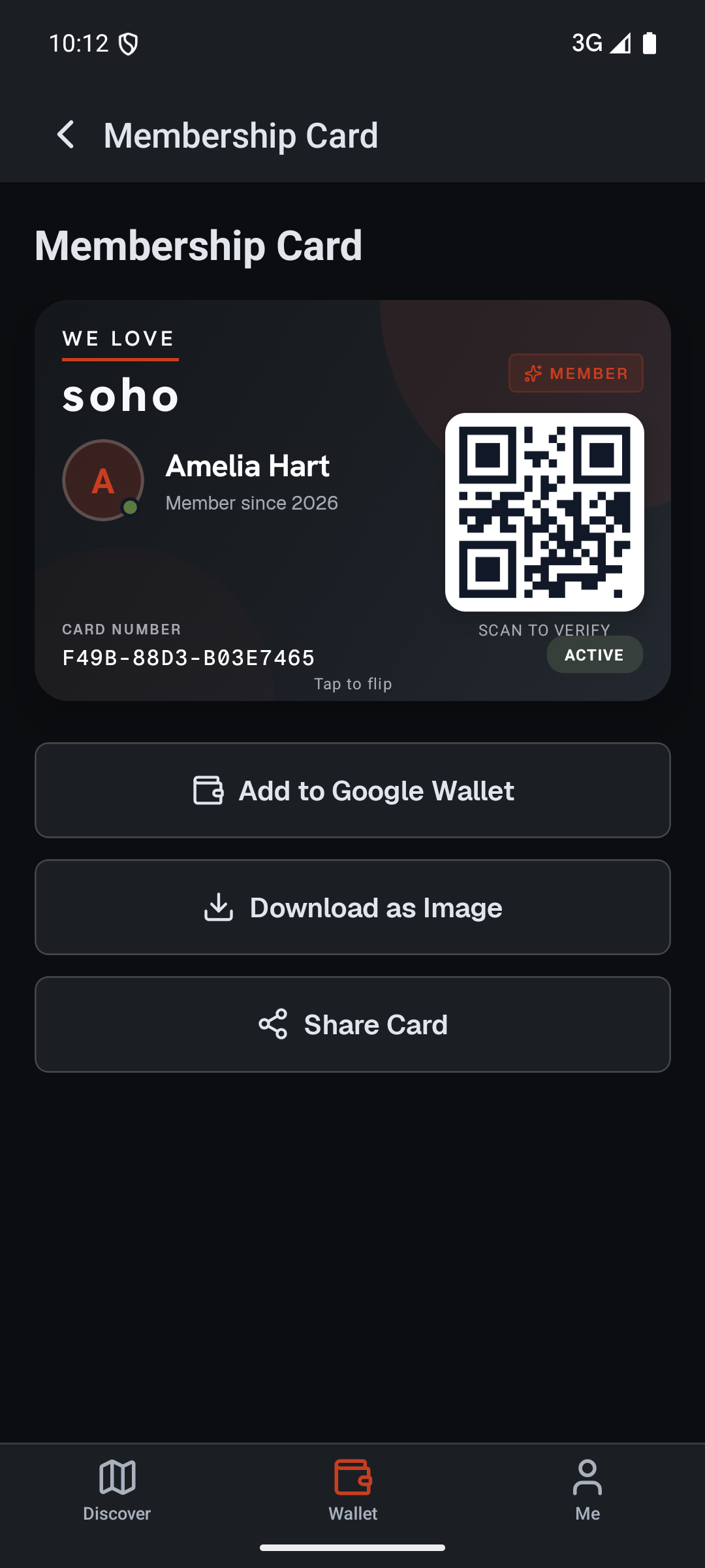 We Love Soho app: Membership card screen